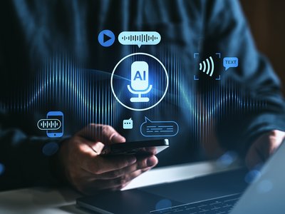 Person using a smartphone beside a laptop, overlaid with digital graphics representing artificial intelligence, including a microphone labelled “AI”, audio waveforms, voice messages, speech-to-text symbols and communication icons. The image illustrates AI-powered voice and language technology.