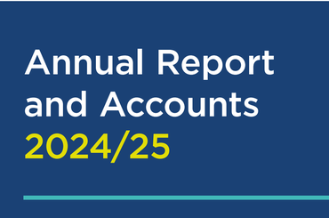 An image of a navy blue banner with the words Annual Report and Accounts 2024 slash 2025 it. The words Annual Report and Accounts is in white and the 2024 slash 25 is in yellow. There is also a teal coloured line underneath the wording