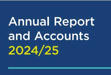 An image of a navy blue banner with the words Annual Report and Accounts 2024 slash 2025 it. The words Annual Report and Accounts is in white and the 2024 slash 25 is in yellow. There is also a teal coloured line underneath the wording