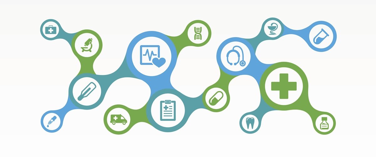 A stylised illustration of a healthcare pathway made up of connected circular icons in blue and green. The icons include a heart monitor, stethoscope, ambulance, pills, syringe, DNA strand, test tube and medical cross, all linked by a flowing line to represent joined-up care.