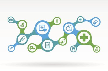 A stylised illustration of a healthcare pathway made up of connected circular icons in blue and green. The icons include a heart monitor, stethoscope, ambulance, pills, syringe, DNA strand, test tube and medical cross, all linked by a flowing line to represent joined-up care.