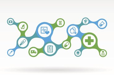 A stylised illustration of a healthcare pathway made up of connected circular icons in blue and green. The icons include a heart monitor, stethoscope, ambulance, pills, syringe, DNA strand, test tube and medical cross, all linked by a flowing line to represent joined-up care.