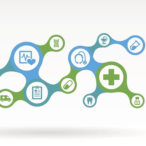 A stylised illustration of a healthcare pathway made up of connected circular icons in blue and green. The icons include a heart monitor, stethoscope, ambulance, pills, syringe, DNA strand, test tube and medical cross, all linked by a flowing line to represent joined-up care.
