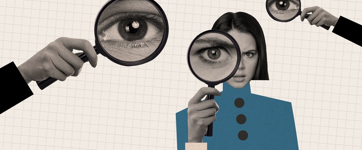 Collage of enlarged eyes seen through hand held magnifying glasses.