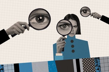 Collage of enlarged eyes seen through hand held magnifying glasses.