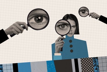Collage of enlarged eyes seen through hand held magnifying glasses.
