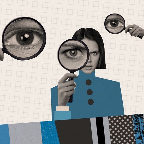 Collage of enlarged eyes seen through hand held magnifying glasses.