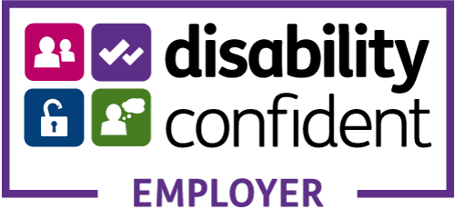 Disability Confident Employer logo showing icons representing recruitment, disability inclusion, accessibility and workplace support.