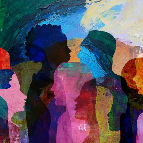 Illustration of multiple overlapping side-profile silhouettes of people facing each other, filled with bright, textured colours to represent discussion and diversity.