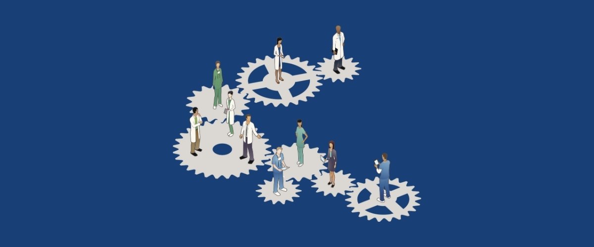An illustration of a variety of healthcare workers dressed in different uniforms standing on a series of cogs, to demonstrate the healthcare system.