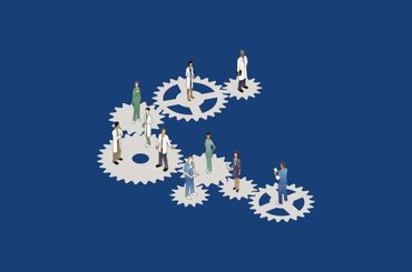 An illustration of a variety of healthcare workers dressed in different uniforms standing on a series of cogs, to demonstrate the healthcare system.