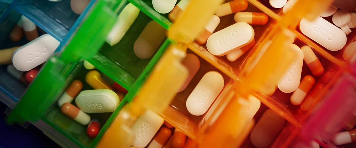 Medication stored in a weekly pill box.